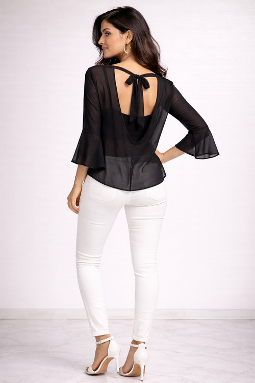 Black Bell-Sleeve Top with Open Bow-Back