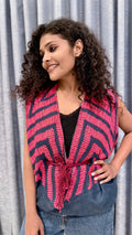 Pink Geometric Print Ethnic Vest – Sleeveless Navy Shrug with Fringe Ties