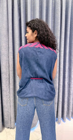 Pink Geometric Print Ethnic Vest – Sleeveless Navy Shrug with Fringe Ties