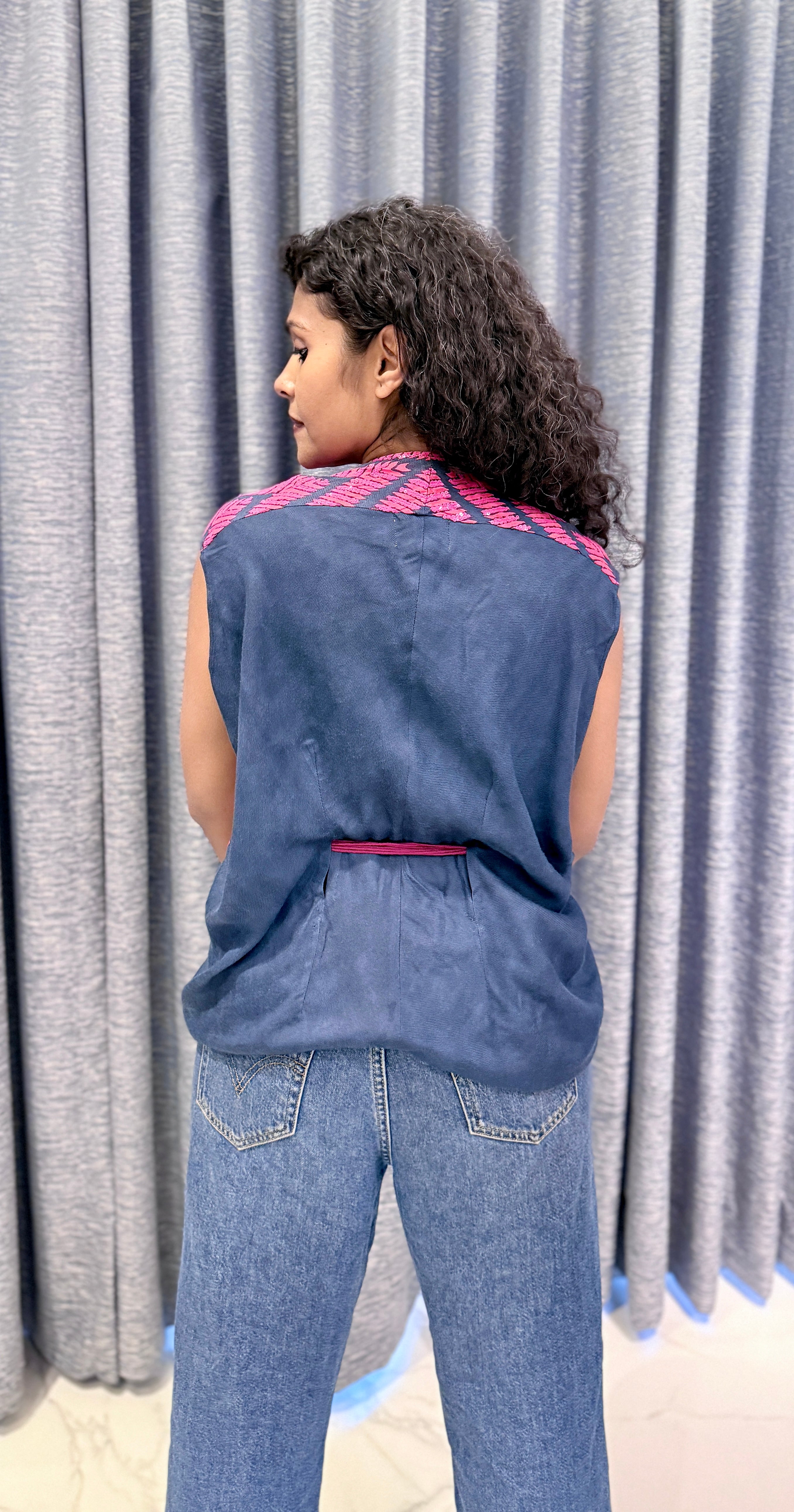 Pink Geometric Print Ethnic Vest – Sleeveless Navy Shrug with Fringe Ties