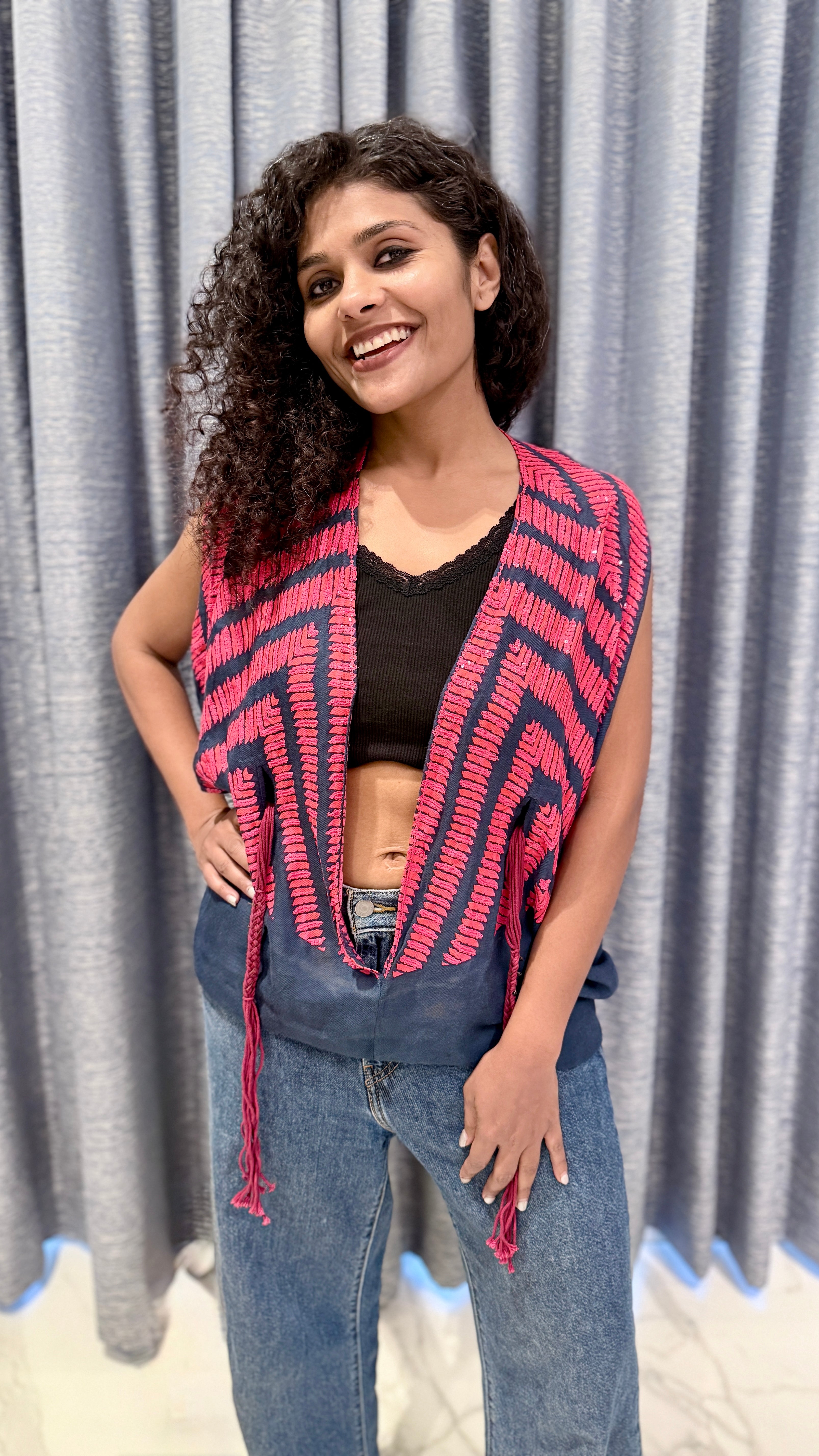 Pink Geometric Print Ethnic Vest – Sleeveless Navy Shrug with Fringe Ties