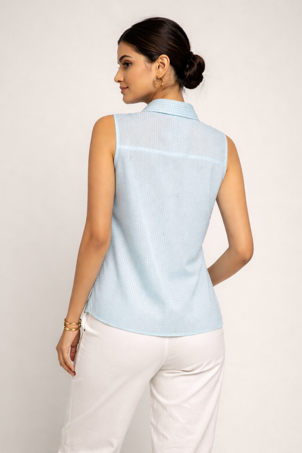 Sky Blue Gingham Front-Tie Sleeveless Shirt
