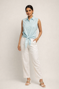 Sky Blue Gingham Front-Tie Sleeveless Shirt