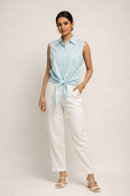 Sky Blue Gingham Front-Tie Sleeveless Shirt