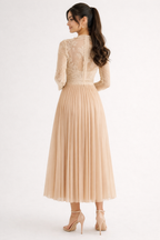 Blush Beige Lace Bodice Pleated Midi Dress