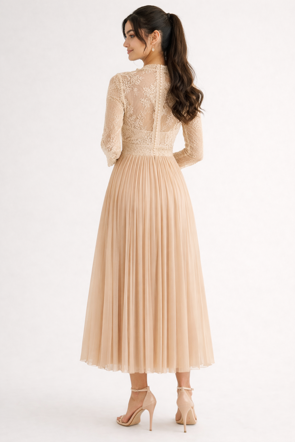 Blush Beige Lace Bodice Pleated Midi Dress