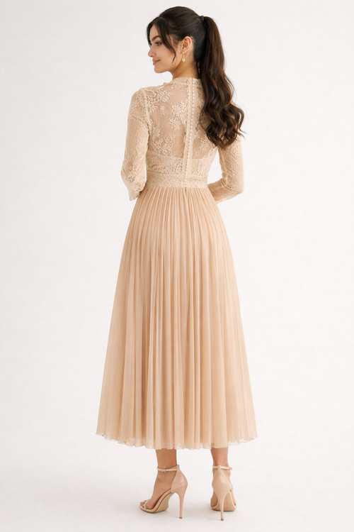 Blush Beige Lace Bodice Pleated Midi Dress