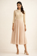 Blush Beige Lace Bodice Pleated Midi Dress
