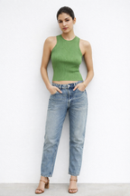Vibrant Sage Green Ribbed Halter Knit Top