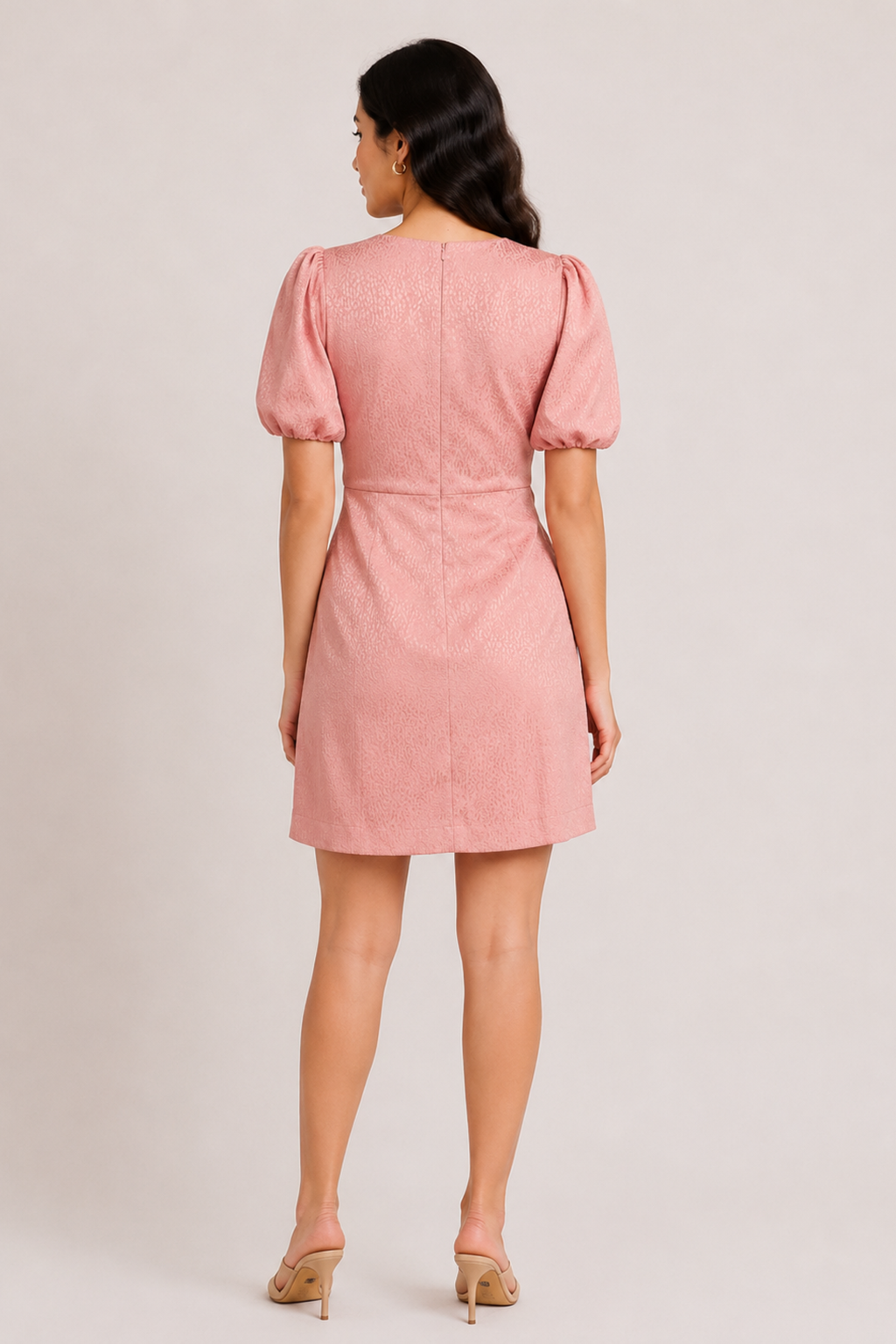 Puff-Sleeve Jacquard Dress in Rose Pink