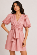 Puff-Sleeve Jacquard Dress in Rose Pink