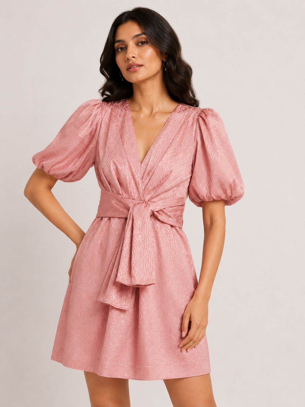 Puff-Sleeve Jacquard Dress in Rose Pink