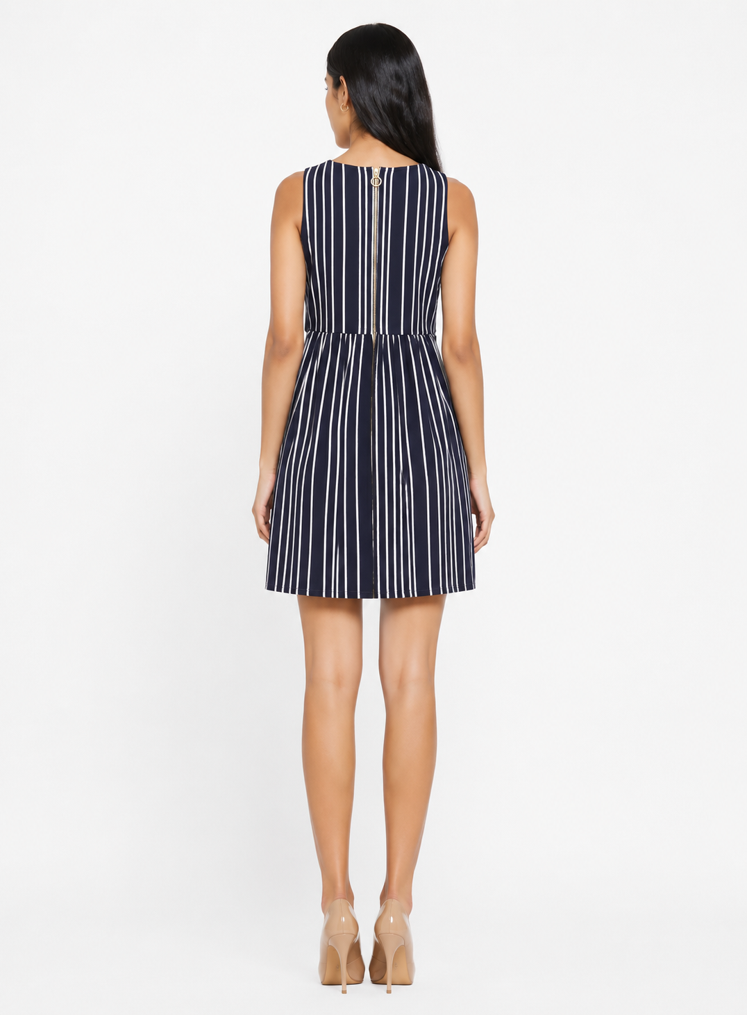 Navy and White Vertical Stripe Sleeveless Fit & Flare Dress