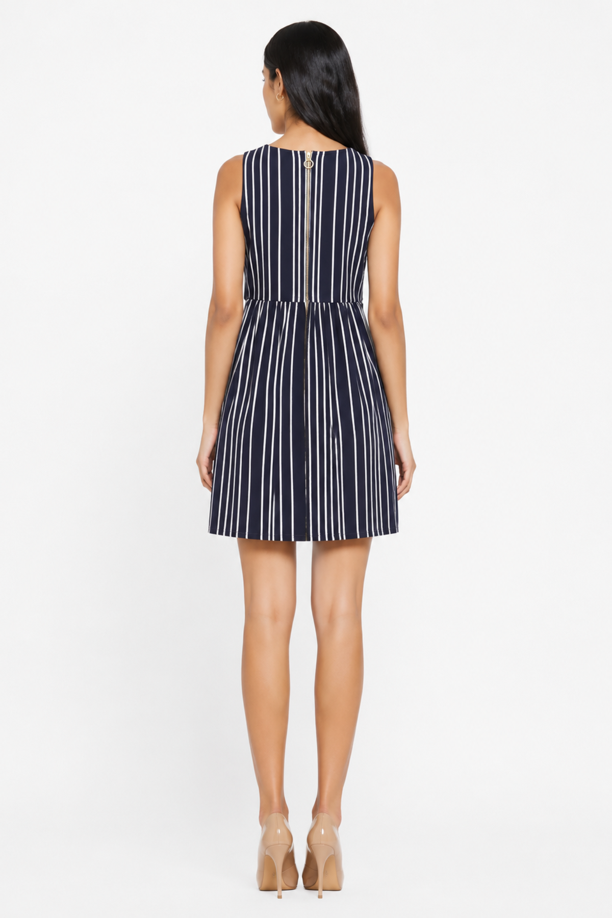 Navy and White Vertical Stripe Sleeveless Fit & Flare Dress