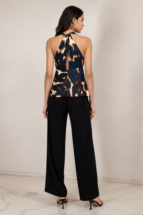 Abstract Print Satin Halter Neck Top
