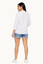 White Grid Check High-Neck Top with Shoulder Buttons