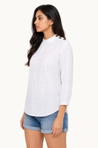 White Grid Check High-Neck Top with Shoulder Buttons