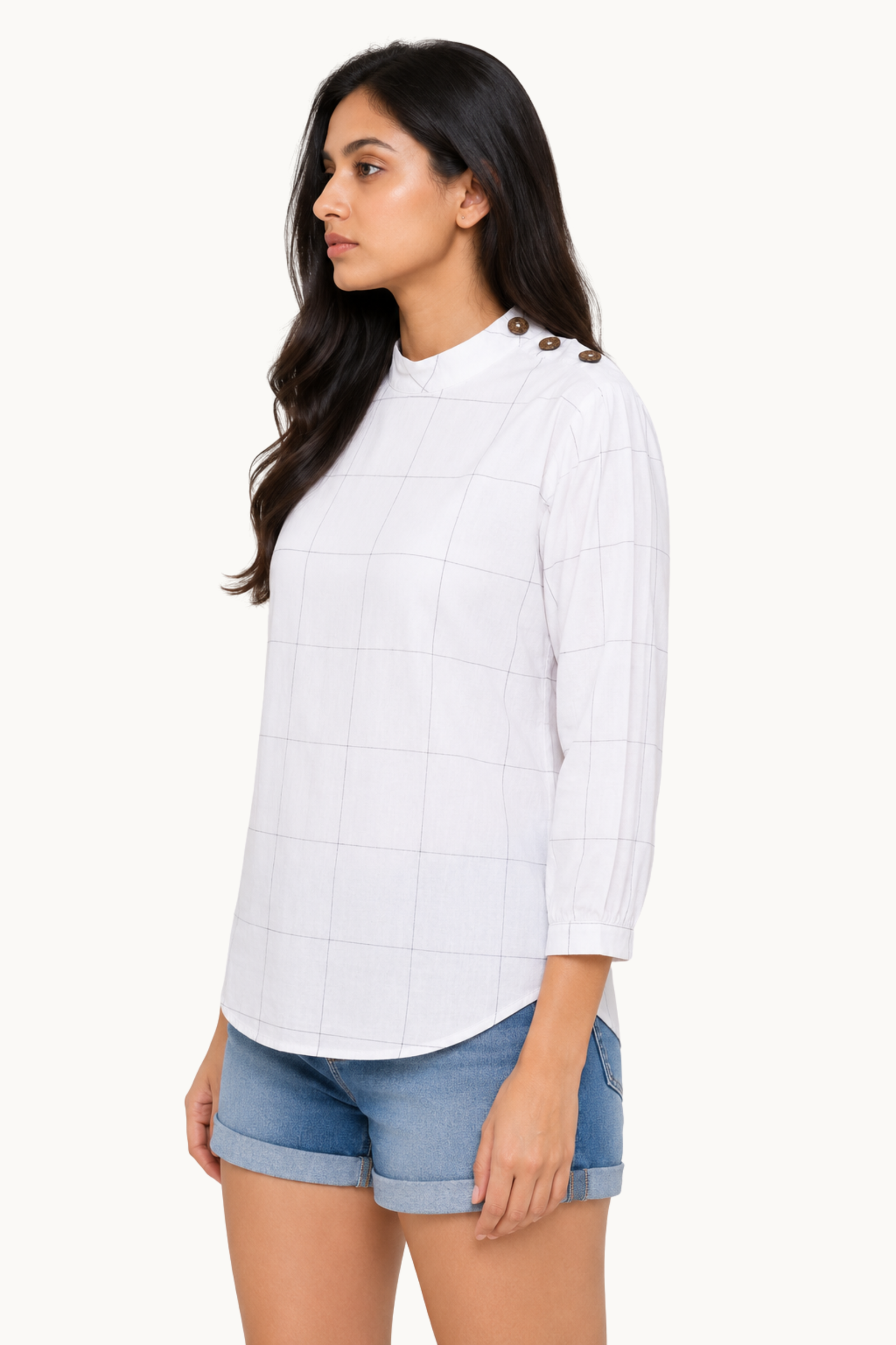 White Grid Check High-Neck Top with Shoulder Buttons