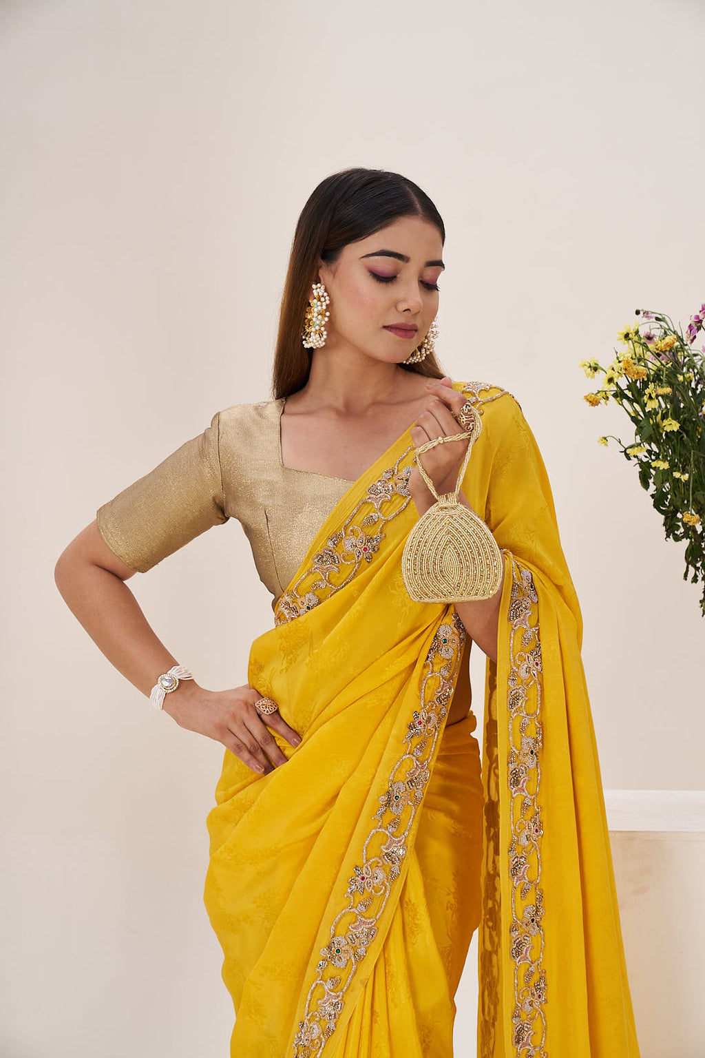 Yellow Traditional Saree with Embellished Border