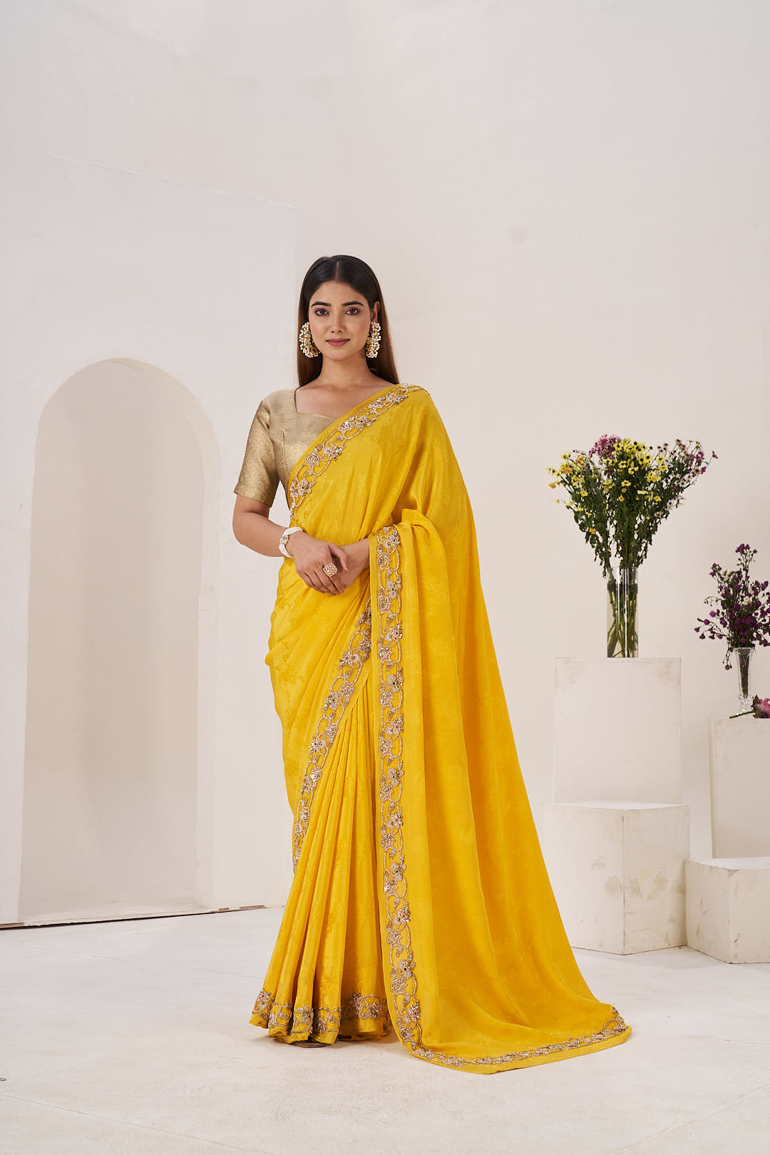 Yellow Traditional Saree with Embellished Border