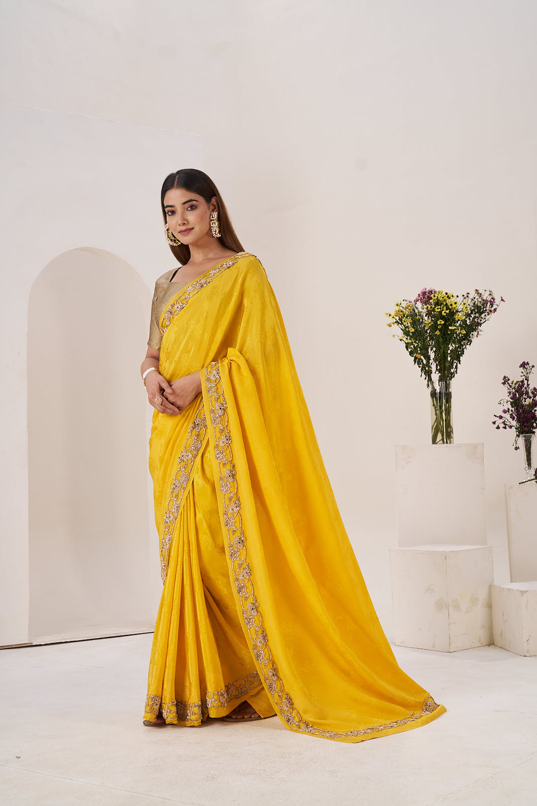 Yellow Traditional Saree with Embellished Border