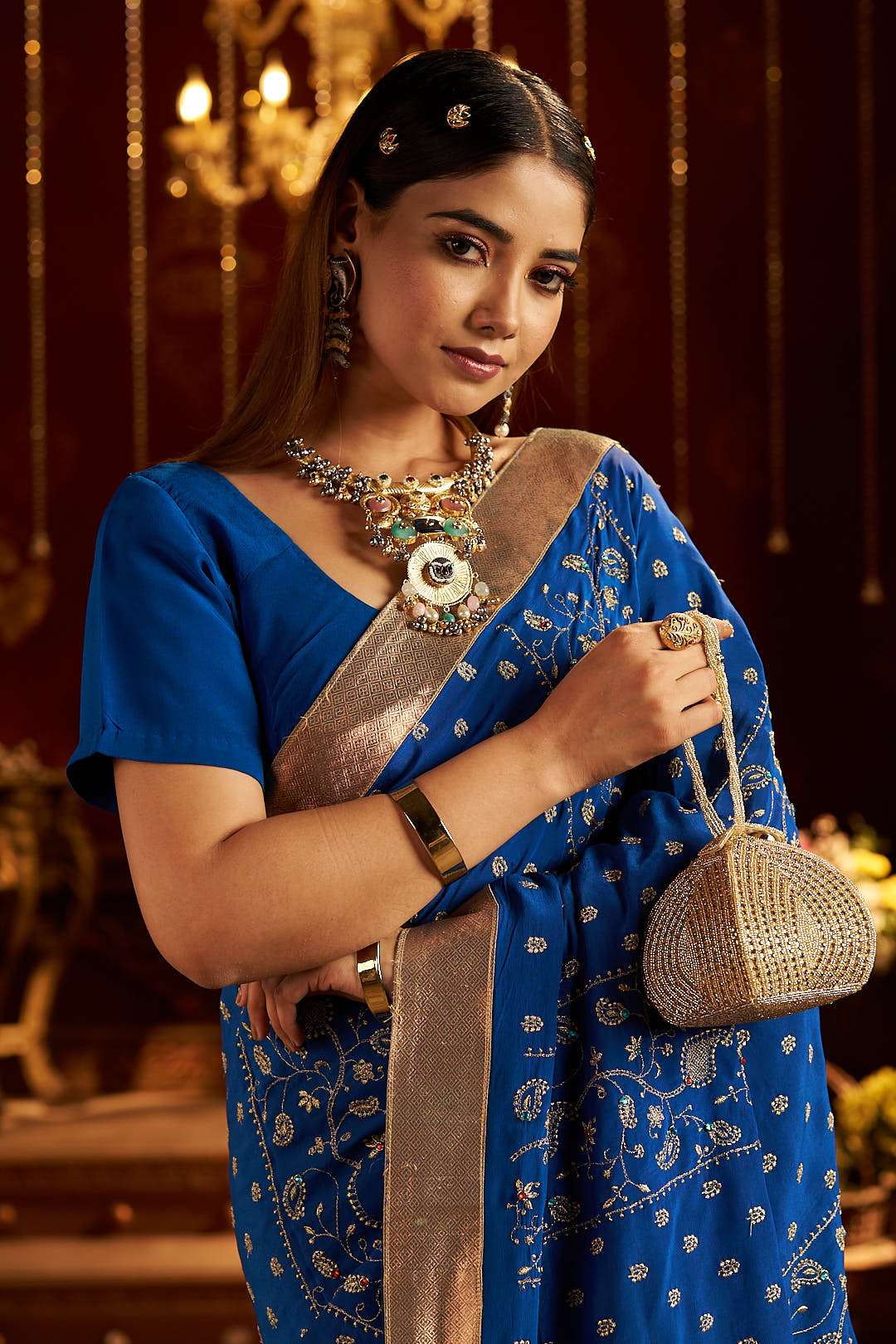Blue Traditional Saree with Golden Border & Matching Blouse
