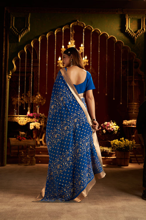 Blue Traditional Saree with Golden Border & Matching Blouse