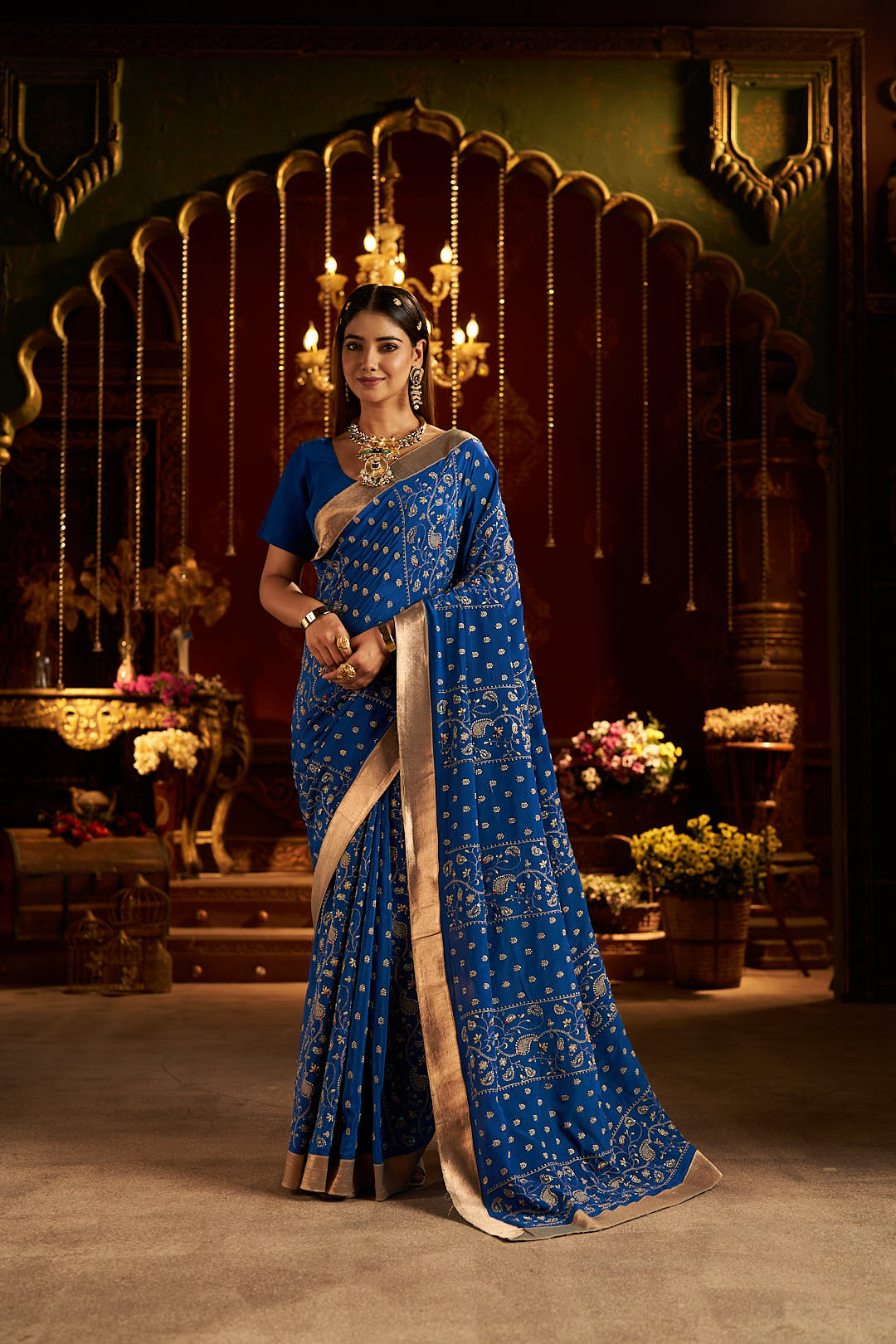 Blue Traditional Saree with Golden Border & Matching Blouse