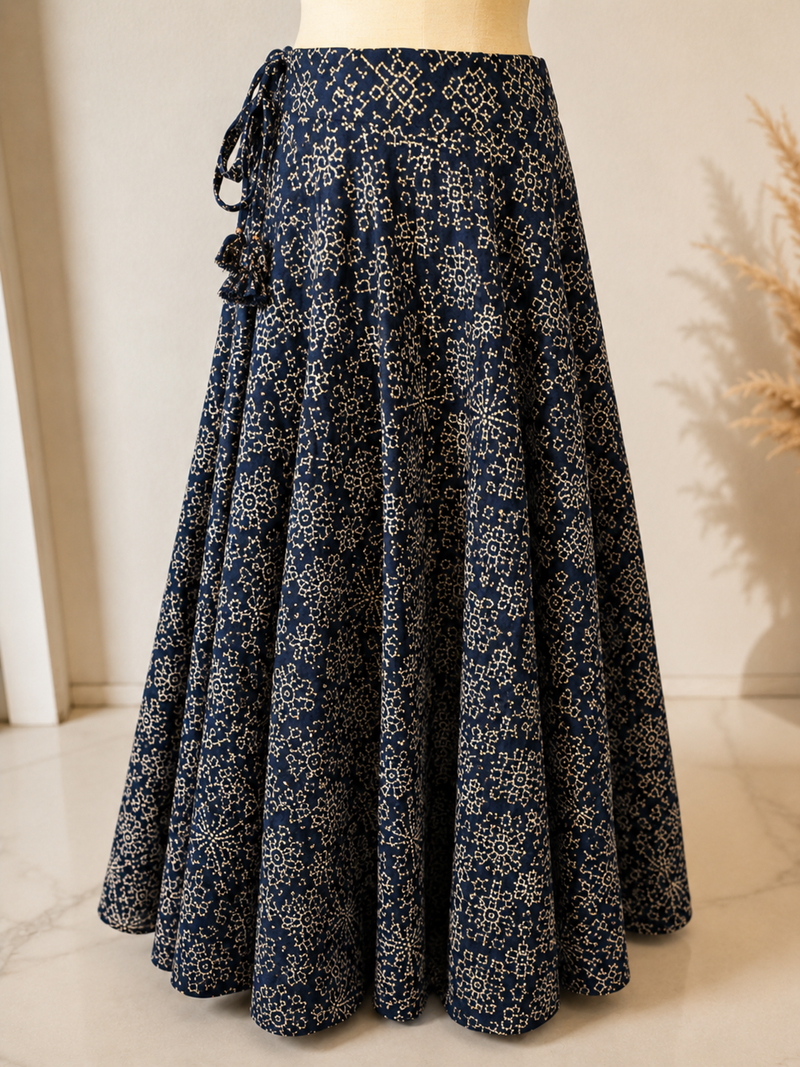 Indigo Blue Gajji Silk Kutchi Print Flared Chaniya Skirt