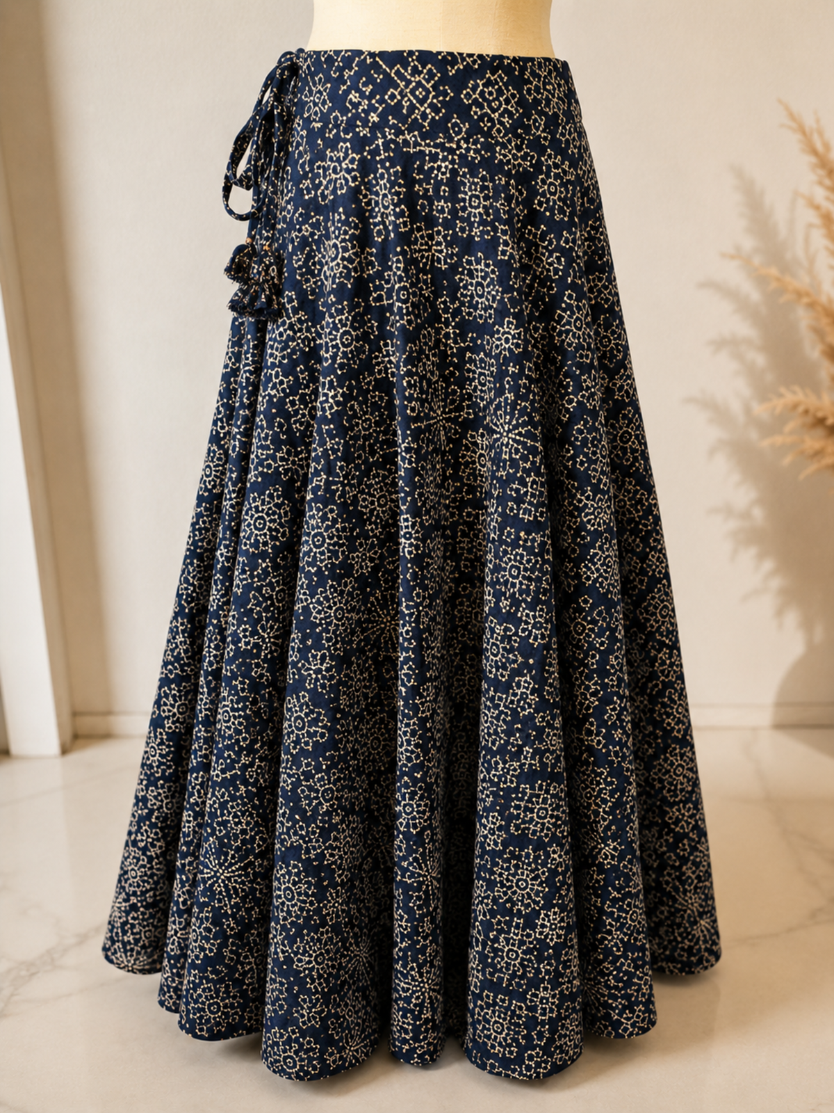 Indigo Blue Gajji Silk Kutchi Print Flared Chaniya Skirt