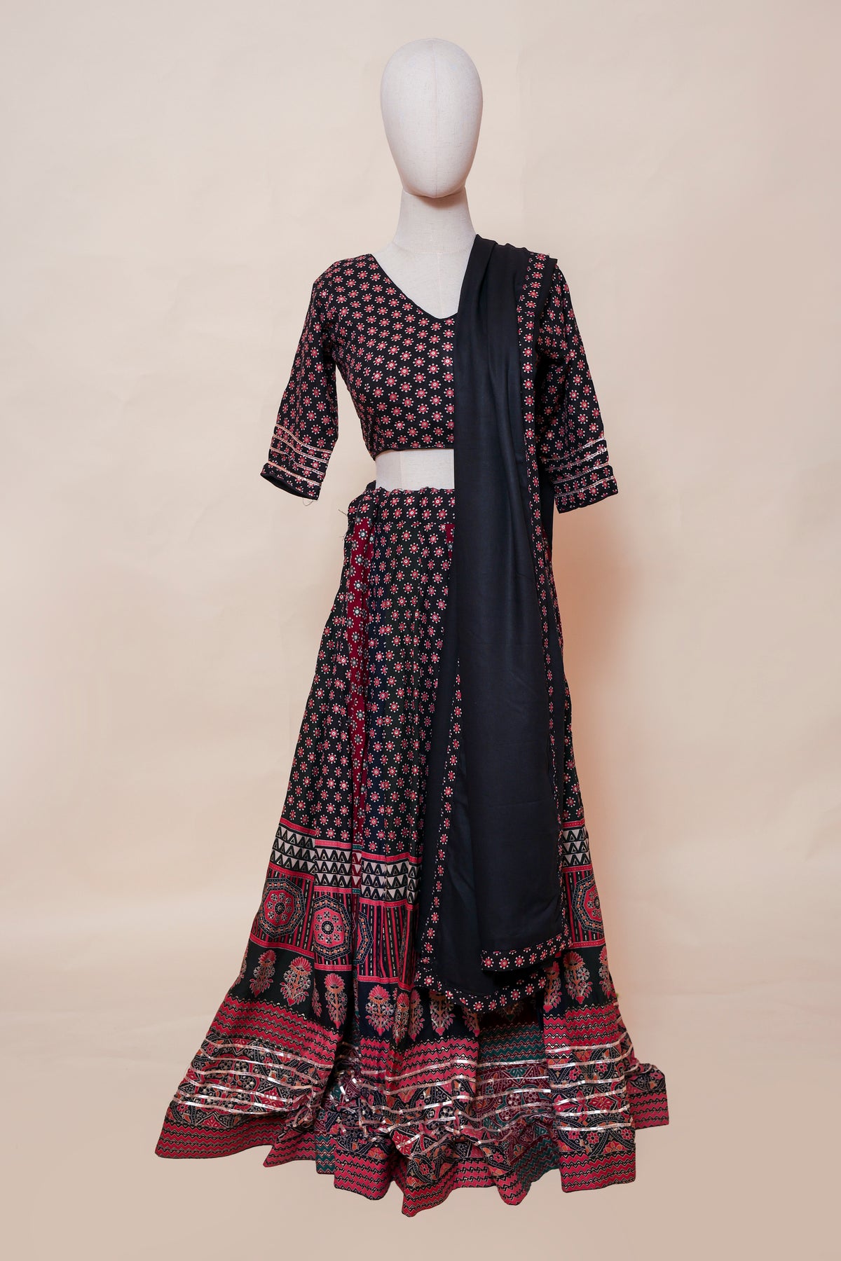 lack and Rust Block Printed Cotton Chaniya Choli with Gota Work