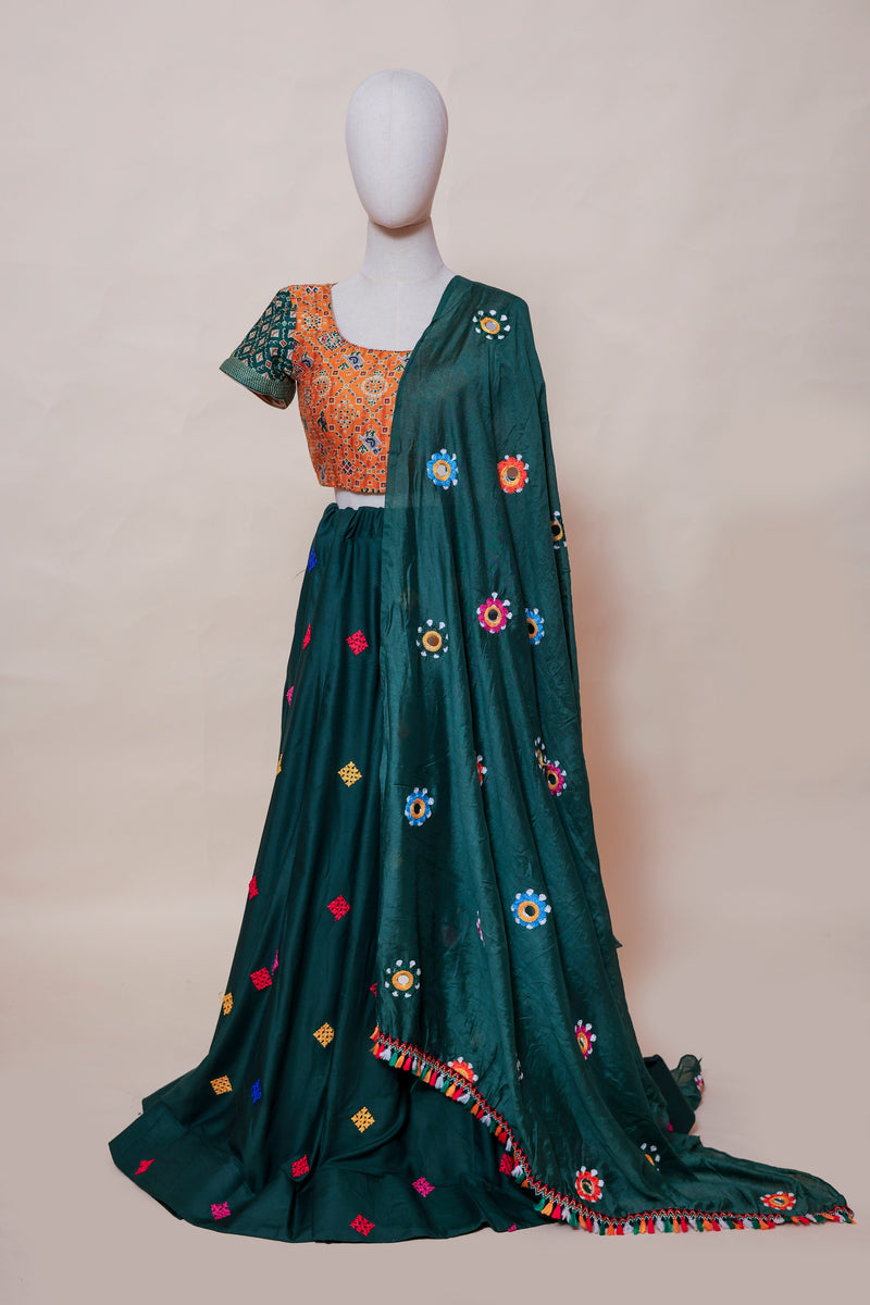 Forest Green & Mustard Embroidered Lehenga Choli with Mirror Work Dupatta