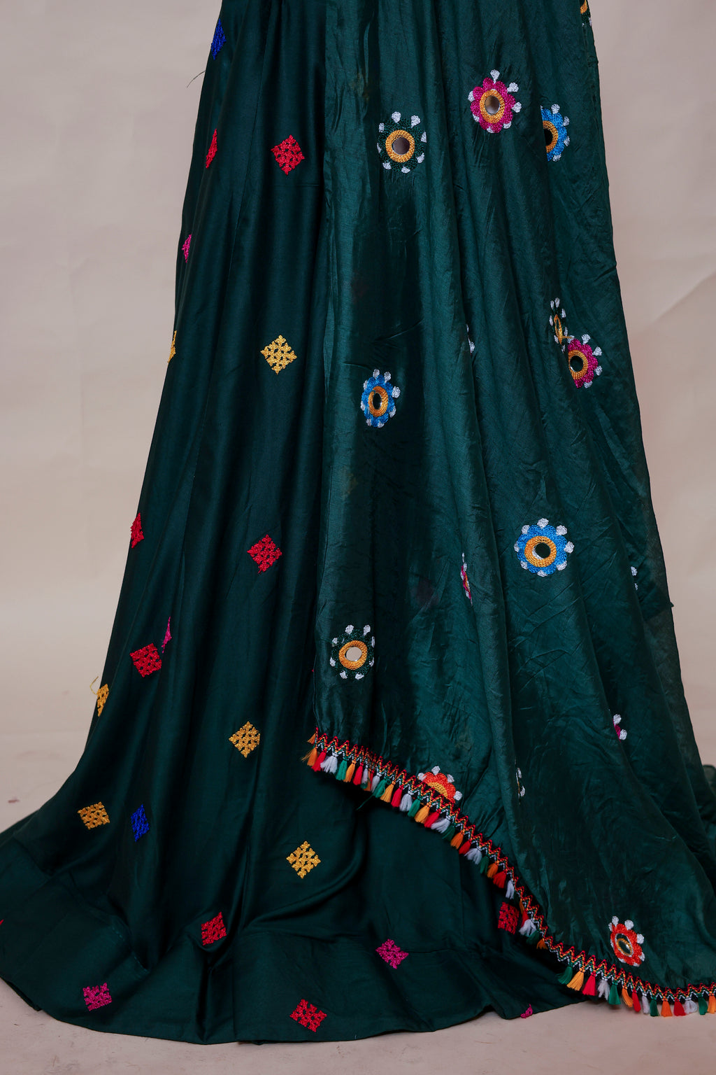 Forest Green & Mustard Embroidered Lehenga Choli with Mirror Work Dupatta