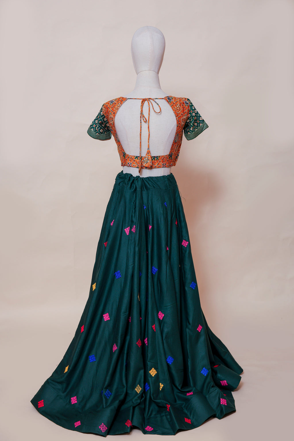 Forest Green & Mustard Embroidered Lehenga Choli with Mirror Work Dupatta