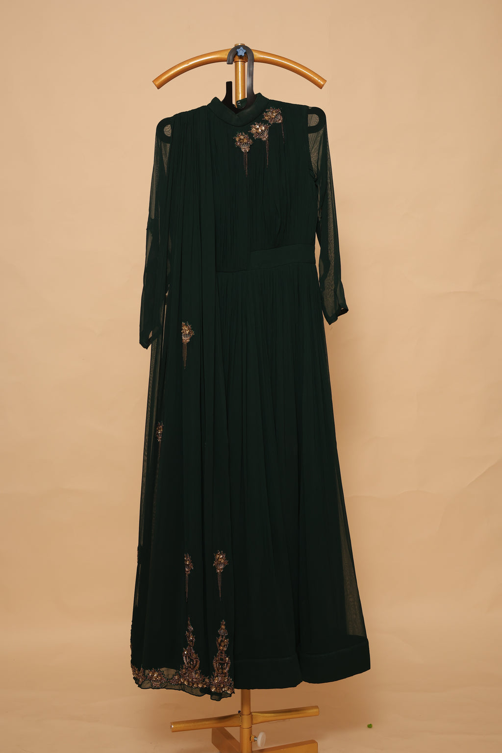 Women’s bottle green Embroidered Pleated Party Wear Gown