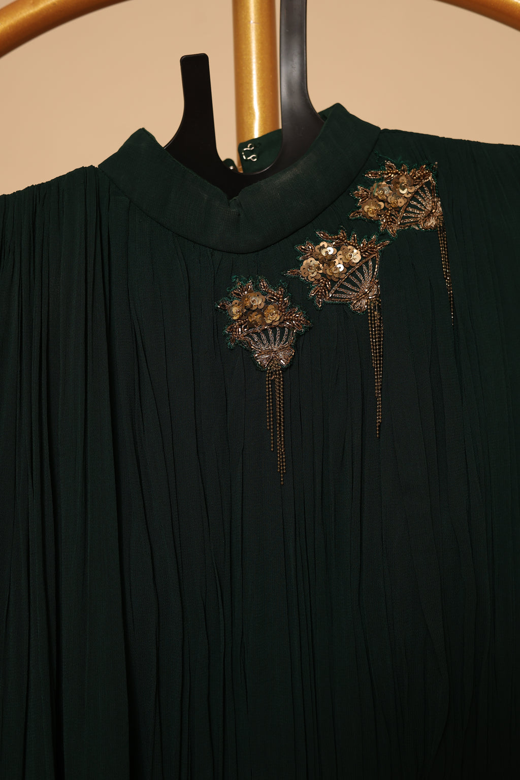 Women’s bottle green Embroidered Pleated Party Wear Gown