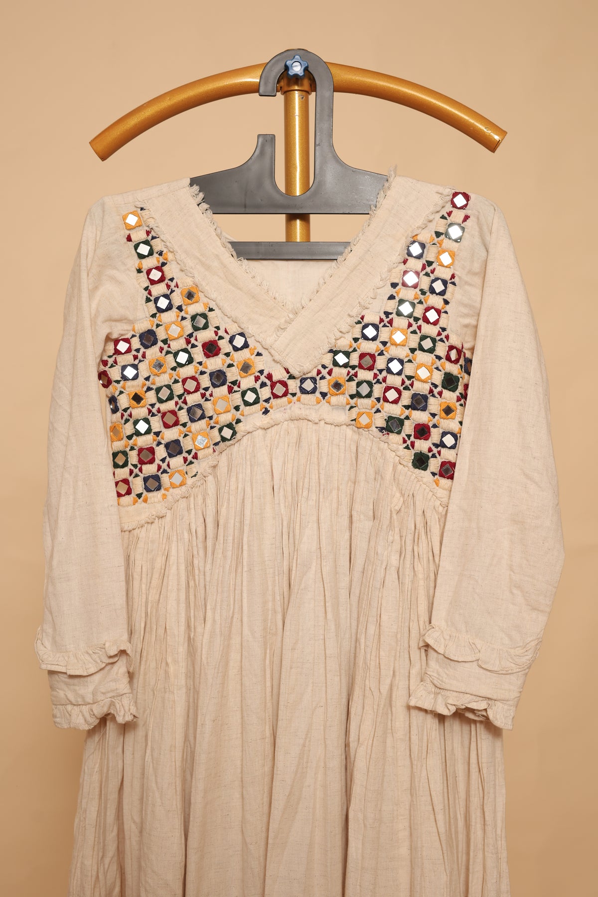 Women’s Beige  Cotton mirror work dress