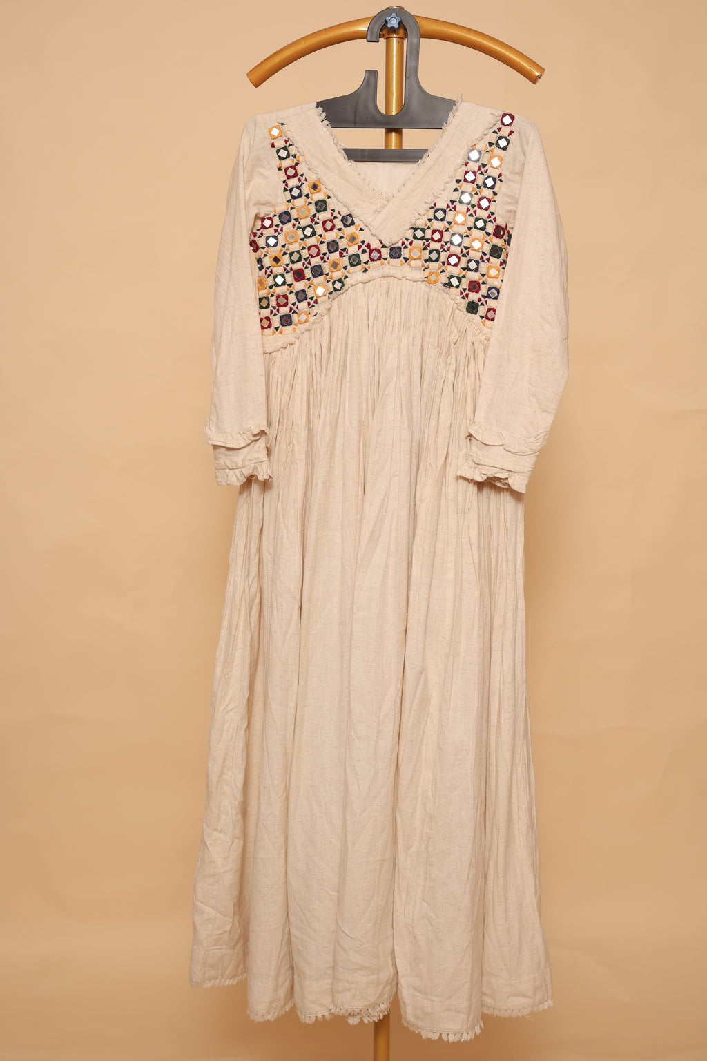 Women’s Beige  Cotton mirror work dress