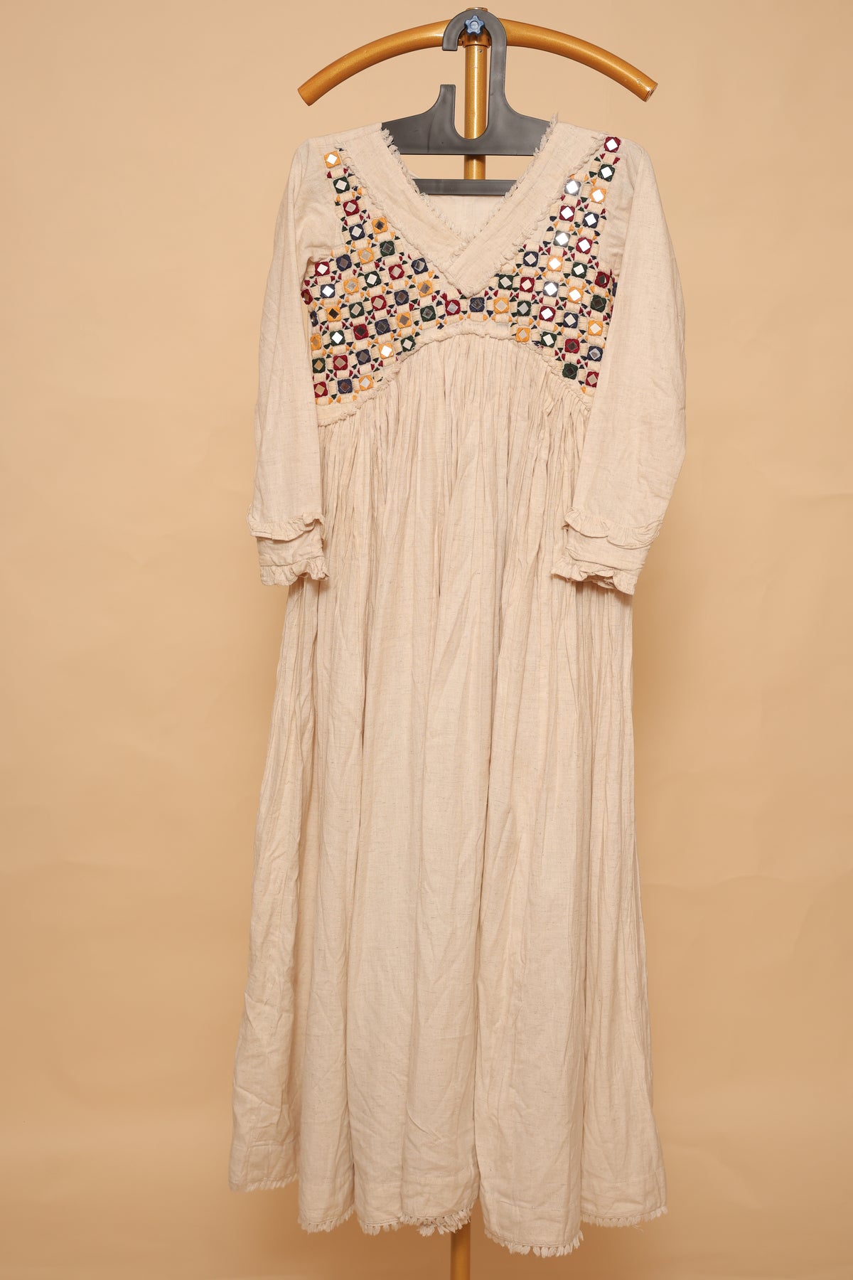 Women’s Beige  Cotton mirror work dress