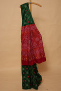 Pure Gajji Silk Bandhani Saree in Green and Red