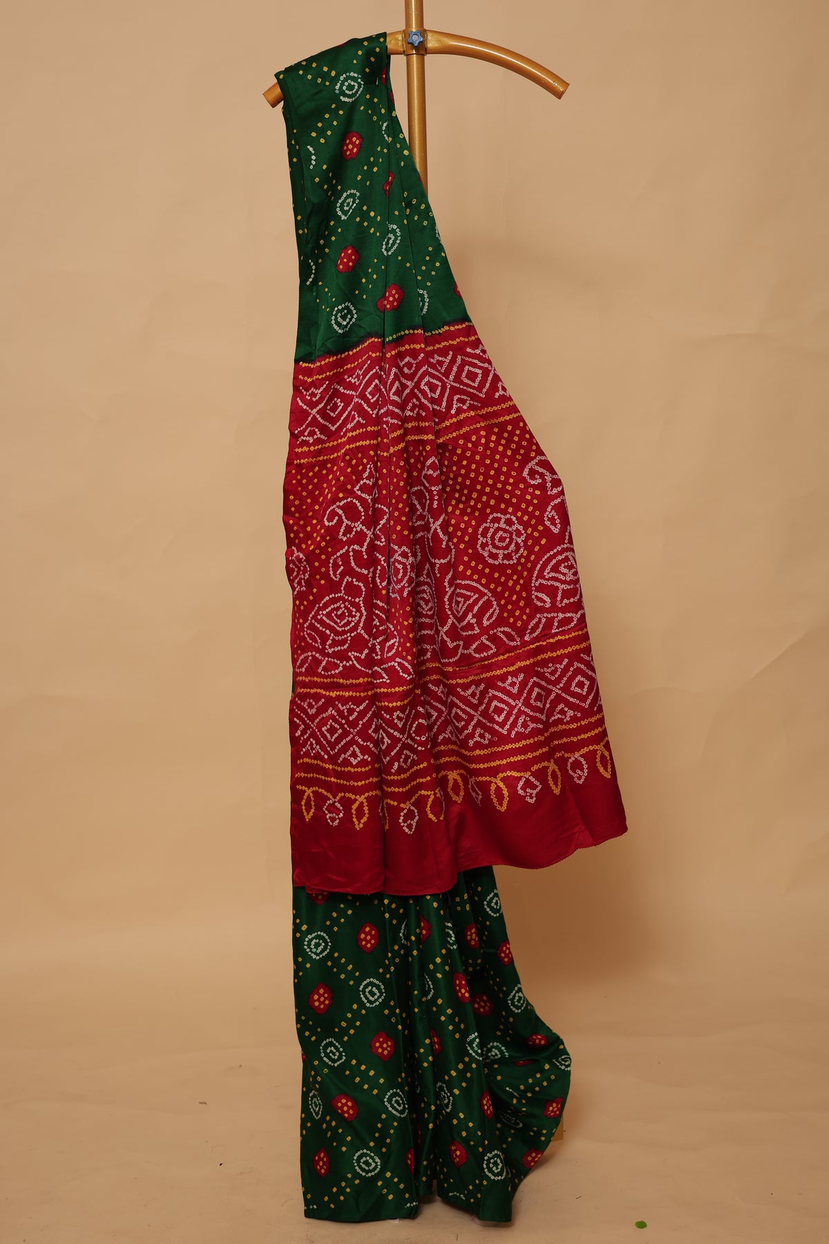 Pure Gajji Silk Bandhani Saree in Green and Red