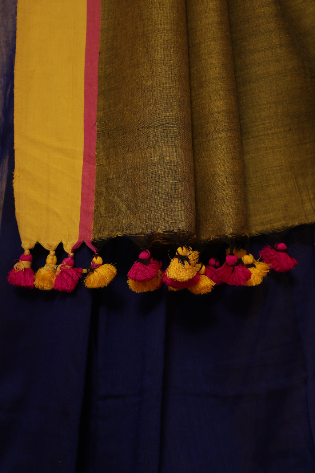 Aesthetic Navy Blue Handloom Saree with Mustard Gold Border