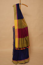 Aesthetic Navy Blue Handloom Saree with Mustard Gold Border