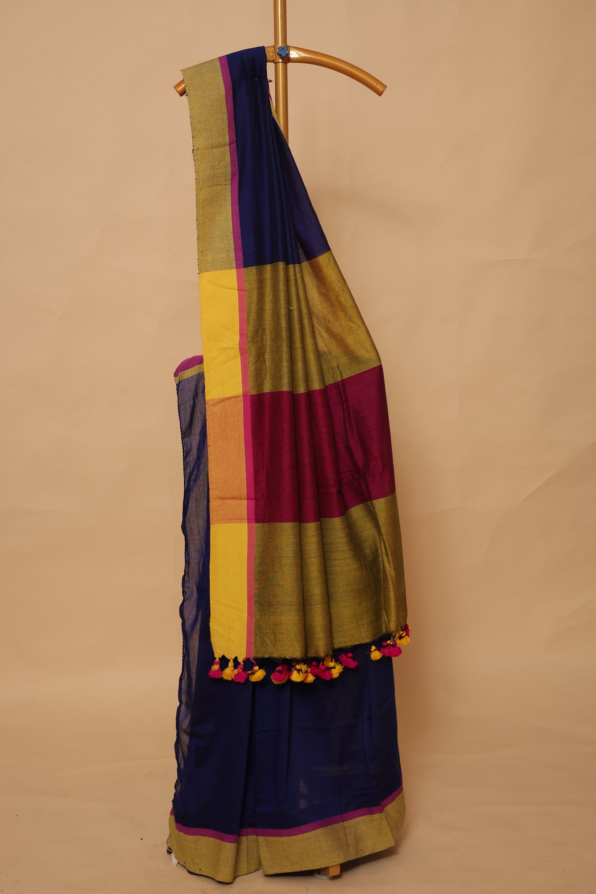 Aesthetic Navy Blue Handloom Saree with Mustard Gold Border