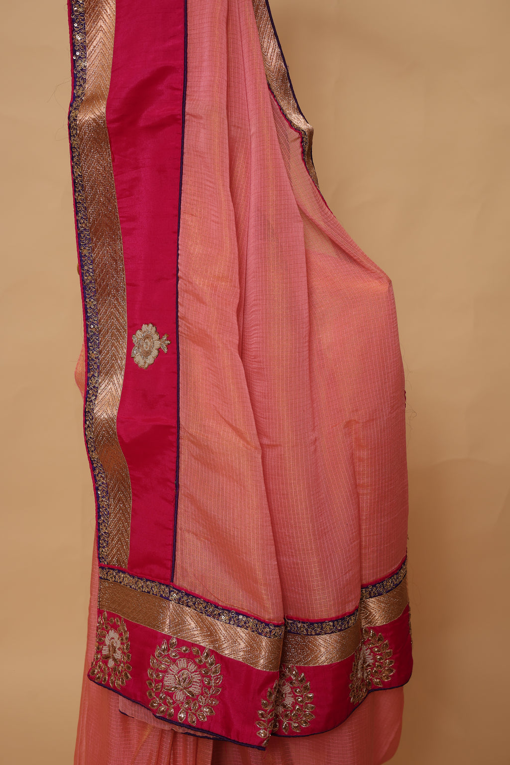 Peach Saree with Rani Pink Zari Embroidered Border