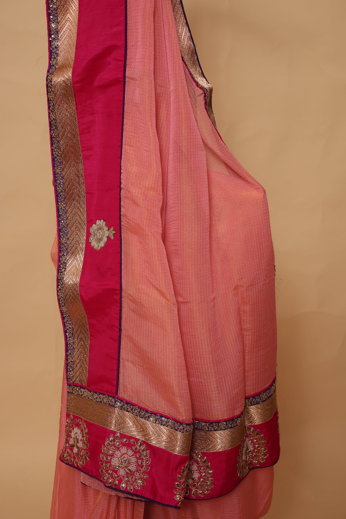 Peach Saree with Rani Pink Zari Embroidered Border