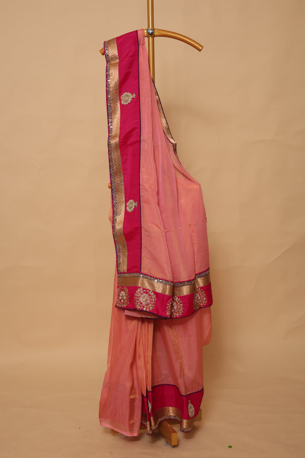 Peach Saree with Rani Pink Zari Embroidered Border