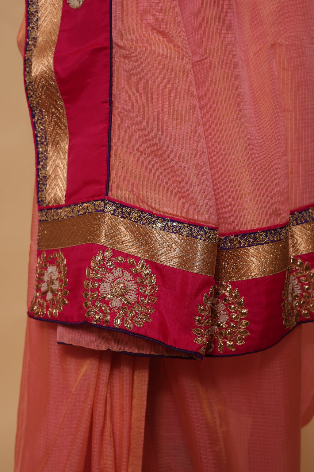 Peach Saree with Rani Pink Zari Embroidered Border