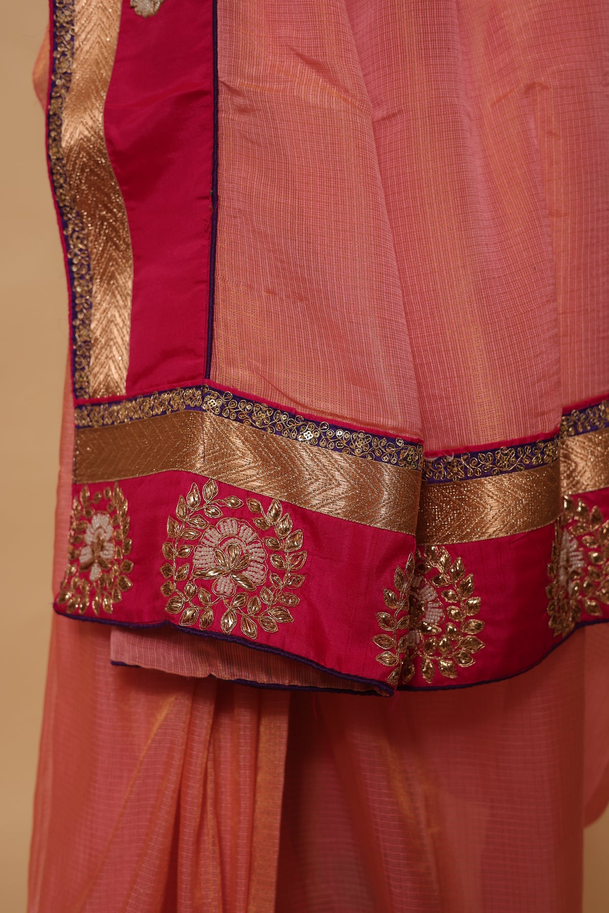 Peach Saree with Rani Pink Zari Embroidered Border