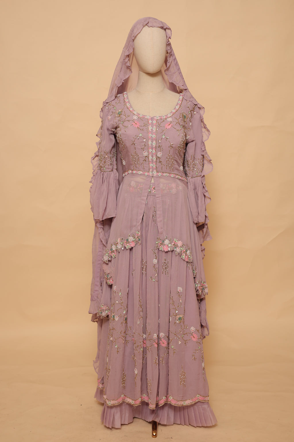 Mauve Embroidered Sharara Set with Ruffled Dupatta